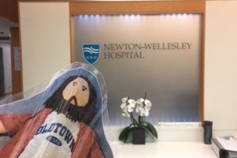 Flat Jesus visits Newton-Wellesley Hospital