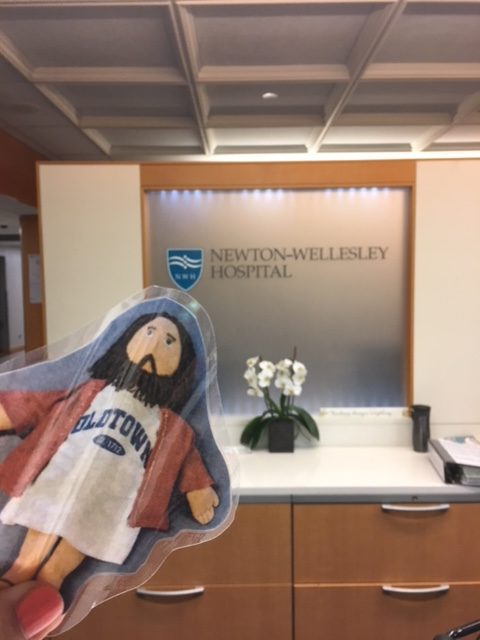 Flat Jesus visits Newton-Wellesley Hospital