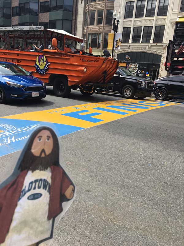 Flat Jesus Crosses the Boston Marathon Finish Line